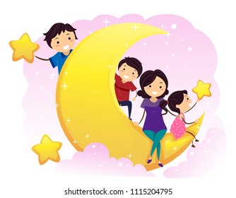 Illustration of Stickman Family Sitting on the Moon Reaching for the Stars