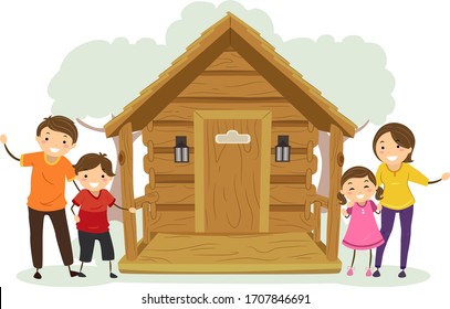 Illustration of Stickman Family Staying at an Off Grid Cabin