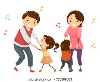 Illustration of Stickman Family Surrounded by Music Notes Dancing in Pair