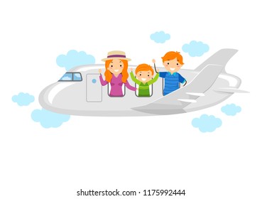 Illustration of Stickman Family Traveling an Airplane in the Sky