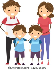 Illustration of a Stickman Family with Twin Boys wearing the same Clothes