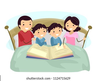 Illustration der Stickman-Familie mit Twin-Kid-Boys Anhören in einer Bedtime-Geschichte