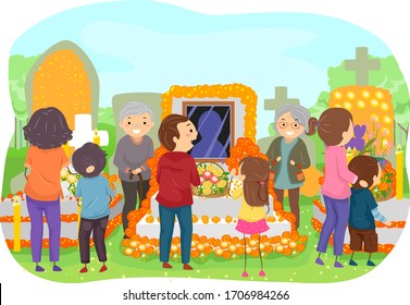 Ilustración de la familia Stickman visitando el cementerio durante el día de los muertos