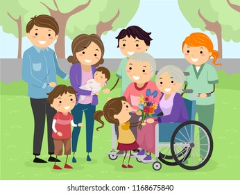 Illustration of Stickman Family Visiting Grandparents at a Home for the Aged