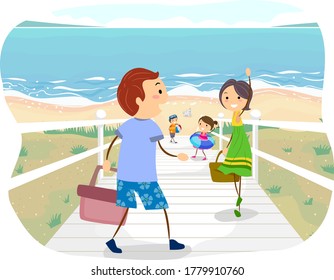 Illustration of a Stickman Family Walking Down the Boardwalk Going to the Beach