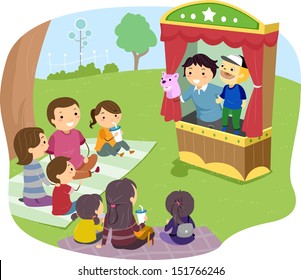 Illustration of a Stickman Family Watching a Puppet Show