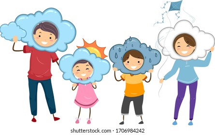 Illustration of Stickman Family Wearing Clouds Costume Showing Different Weather from Cloudy, Sunny, Rainy and Windy