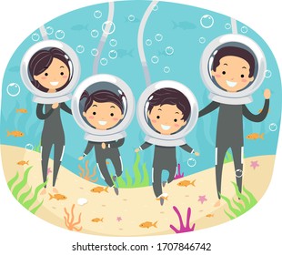 Illustration of Stickman Family Wearing Helmet Diving and Walking Underwater