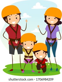 Illustration of Stickman Family Wearing Safety Helmet and Harness for Climbing