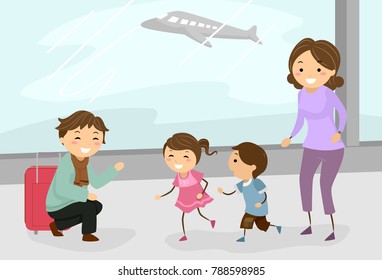 Illustration of Stickman Family Welcoming Their Father at the Airport