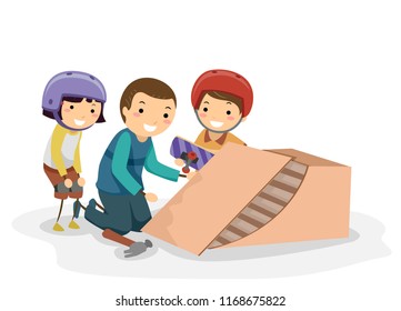 Illustration Of A Stickman Father With Kids Making A Skateboarding Ramp At Home