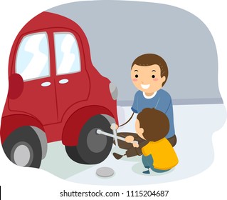 Illustration of Stickman Father Teaching His Son to Change Tires of a Car