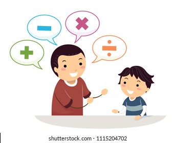 Illustration Of Stickman Father Teaching Math To His Son, Mathematical Operators On Speech Bubbles