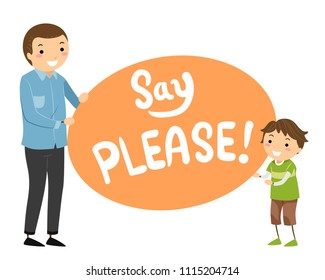 Illustration of a Stickman Father Teaching Son to Say Please