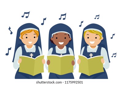 Illustration of Stickman Girl Nuns Holding Song Book and Singing Praises with Musical Notes Floating Around