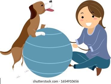 Illustration of Stickman Girl Working with a Dog Using Therapy Ball