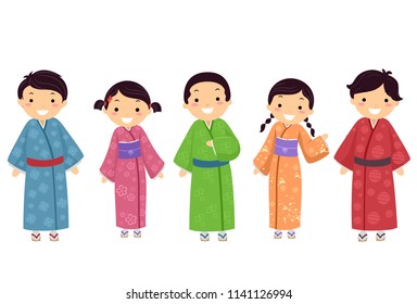 Illustration of Stickman Japanese Kids Wearing Kimono in Different Colors