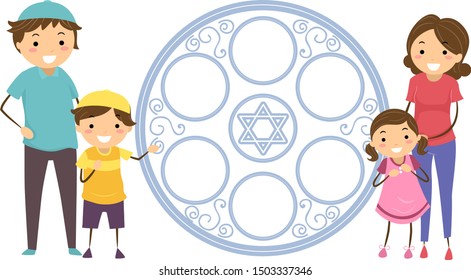 Illustration of Stickman Jewish Family Standing with a Passover Plate