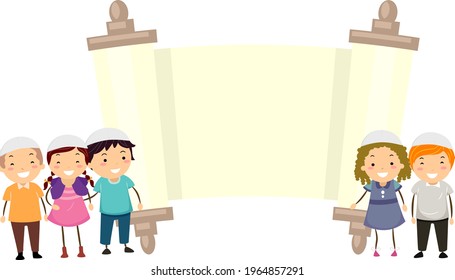 Illustration of Stickman Jewish Kids with Blank Torah Scroll Board