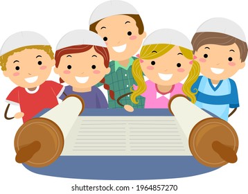 Illustration of Stickman Jewish Kids Wearing Kippah and Looking at a Big Torah Scroll