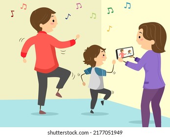 Illustration Of Stickman Kid Boy Dancing With Dad And Mom Recording Video On Mobile Phone