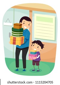 Illustration of a Stickman Kid Boy and Father Carrying Boxes from Shopping