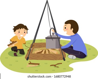 Illustration of a Stickman Kid Boy and Father Setting Up an Open Fire in an Off the Grid Camp