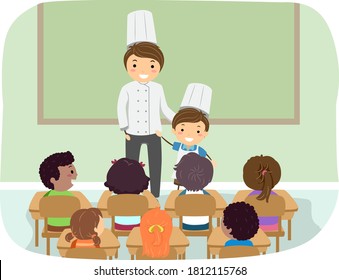 Illustration Of A Stickman Kid Boy With His Chef Father Talking About His Dream Job During Career Day In School