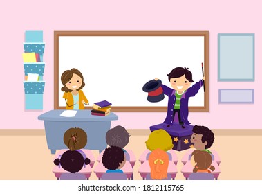 Illustration of Stickman Kid Boy Performing Magic Trick In Front of Kids and Teacher in Class