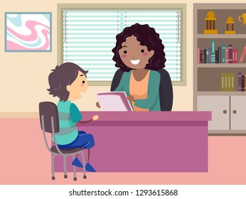 Illustration of a Stickman Kid Boy Student Sitting Down and Talking to the Principal or a Guidance Counselor in an Office