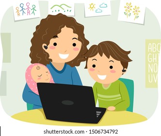 Illustration Of A Stickman Kid Boy Studying At Home Using A Laptop With Mother Carrying A Baby