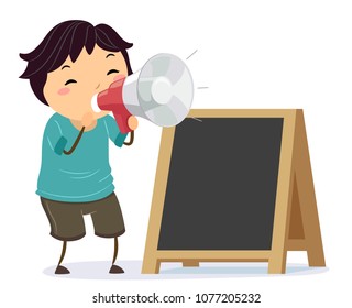 Illustration of a Stickman Kid Boy Using a Megaphone to Announce a Sale and Standing Beside a Blank Board