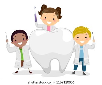 Illustration of Stickman Kid Dentists Wearing White Gown, Standing with a White Tooth and Holding Toothbrush