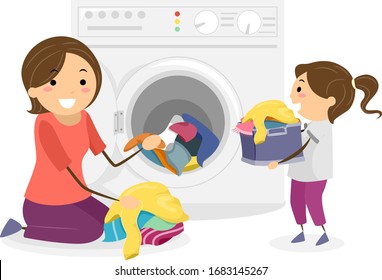 Illustration of Stickman Kid Girl Carrying a Basket of Laundry with Mother Teaching Kid How to Use the Washing Machine