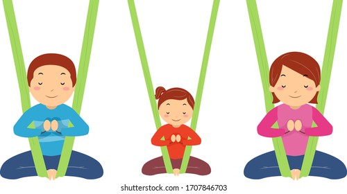 Illustration von Stickman Kid Girl Doing Aerial Yoga mit Menschen und weiblichen Eltern