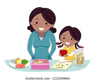 Illustration Of A Stickman Kid Girl Helping Mother Prepare Healthy Snack At Home