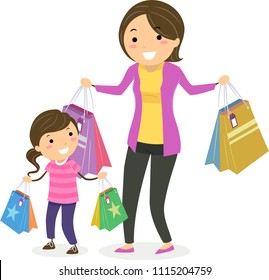 Illustration of Stickman Kid Girl with Mother Carrying Shopping Bags Having Fun