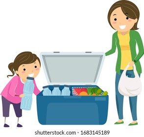 Illustration von Stickman Kid Girl und Mutter, die Wasserflaschen und Lebensmittel in einem Off Grid Cooler platzieren