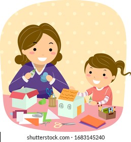 Illustration of Stickman Kid Girl and Mother Making Paper House Using Glue, Paper, Scissors and Pen