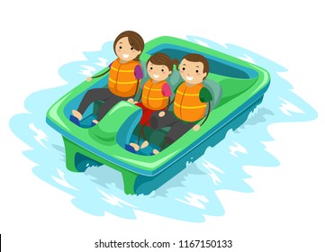 Illustration of a Stickman Kid Girl with Parents Riding a Paddle Boat in the Park