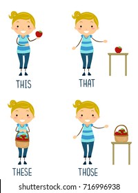 Illustration of a Stickman Kid Girl Presenting Different Pronouns. This, That, These and Those