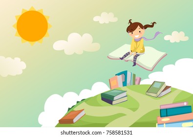 Illustration of a Stickman Kid Girl Riding a Book in the Sky