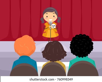 Illustration Of A Stickman Kid Girl In The Stage In Front Of Judges For An Audition