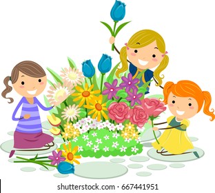 Illustration of Stickman Kid Girls Picking Fresh Flowers in the Garden