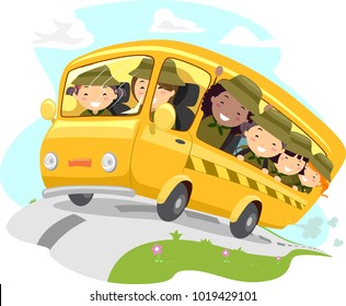 Illustration of Stickman Kid Girls Riding a School Bus Going to Camping