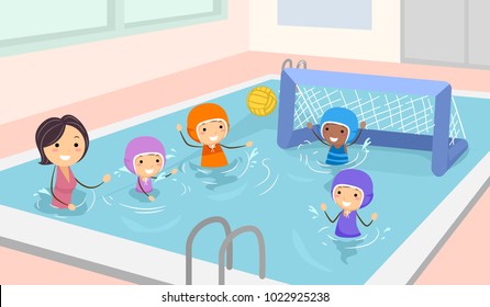 Illustration of Stickman Kid Girls in the Swimming Pool Playing Water Polo with their Coach