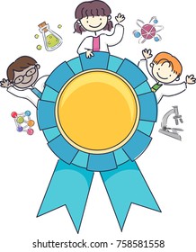 Illustration of Stickman Kid Scientist Wearing Lab Gown Holding a Blue Ribbon