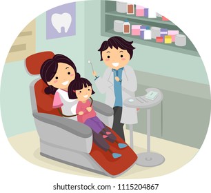 Illustration Of Stickman Kid Sitting On Her Moms Lap Sitting On A Dentist Chair