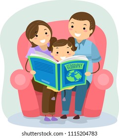 Illustration of Stickman Kid Sitting with Parents Reading a Geography Book