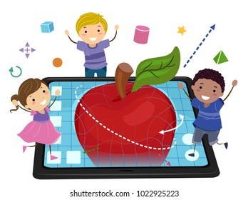 Illustration Of Stickman Kids With A 3D Apple Model From A Tablet Computer